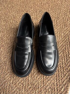 Calvin Klein Black Leather Slip-On Penny Loafers